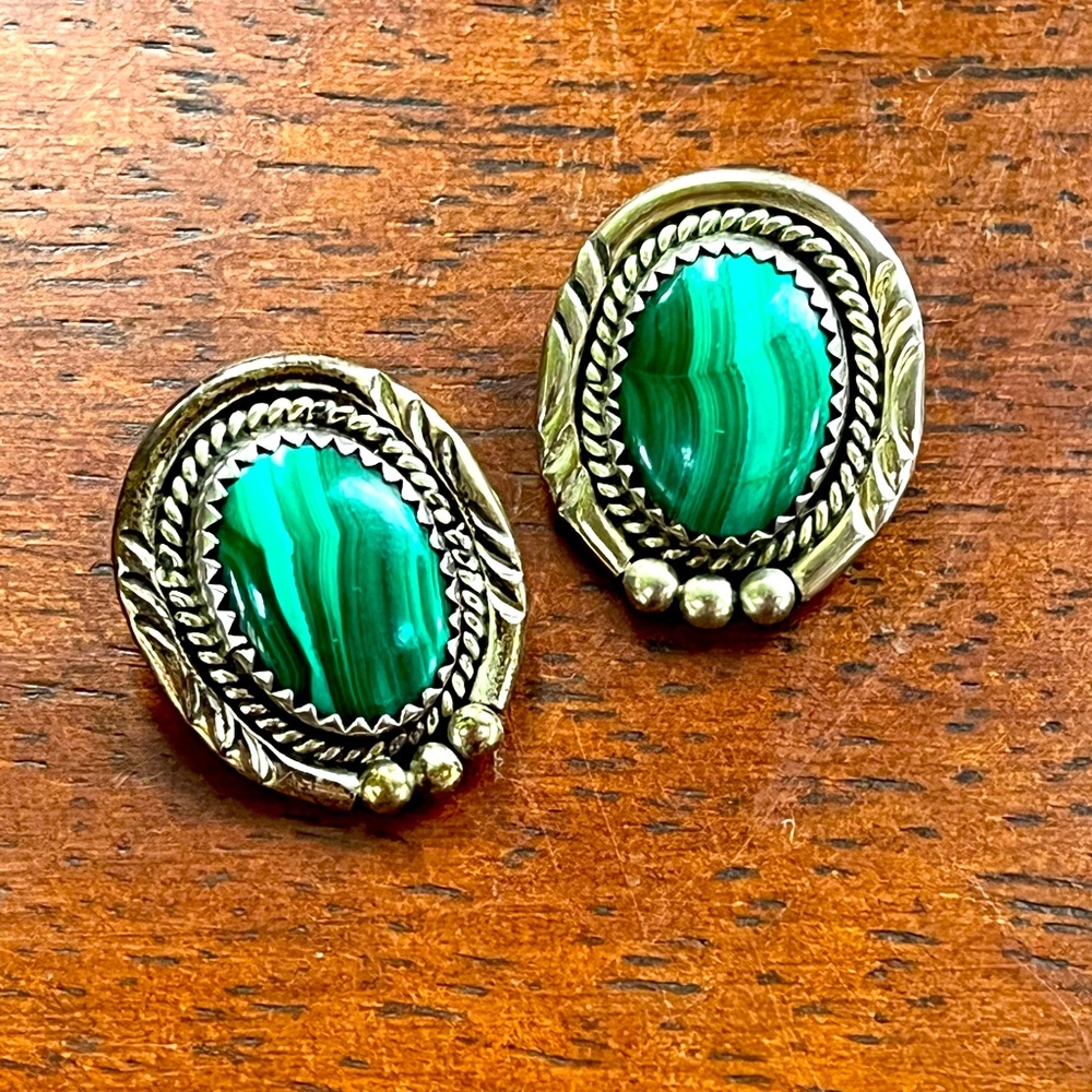 Genuine malachite and sterling silver marked Native American Clip On earrings.